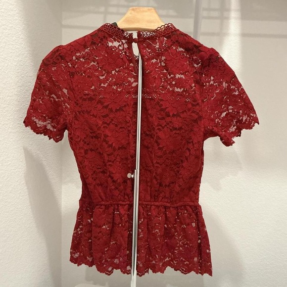 Sweet Wanderer Red Lace Peplum Top Mock Neck Short Sleeve Women Size S - Picture 3 of 8
